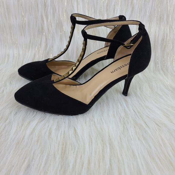 Dressbarn Zoey Faux Suede Black Heels T Strap Pointed Toe Man Made Material Sz 9 - Picture 1 of 6